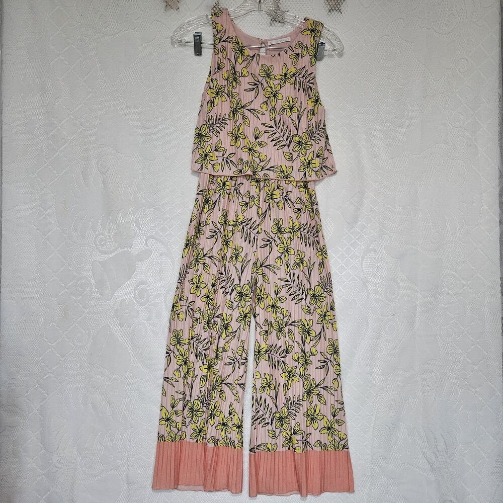 Sunset Sky Size 12 Pleated Summer Pink Yellow Floral Jumper Relaxed Resortwear